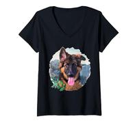 Adorabile Cane Pastore Tedesco Felice Maglietta con Collo a V