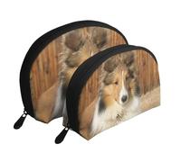 Adorabile cane Sheltie, Borsa per trucco a conchiglia Portamonete da donna Borsa da toilette piccola Borsa per cosmetici 2 pezzi