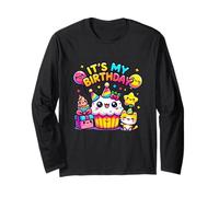 Adorabile ciondolo a forma di gatto con cupcake e scritta in inglese "It's My Birthday" Maglia a Manica