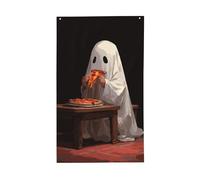 Adorabile fantasma che mangia la pizza, bandierine per la casa, 0,9 x 1,5 m, striscione di auguri con occhielli per interni ed esterni, decorazioni per la casa