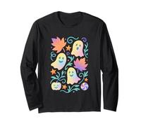 Adorabile Fantasmi con Foglie Halloween Divertimento Maglia a Manica