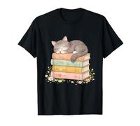 Adorabile Gatto Addormentato e Libri per Gli Amanti dei Libri Maglietta