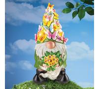 Adorabile Gnomo W/ Fiori & Solare LED Illuminato Farfalla Cappello Garden Statua
