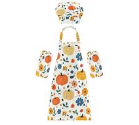Adorabile grembiule per bambini con zucche e fiori in stile cartone animato per Halloween, set di cappelli da chef per bambini dai 3 ai 12 anni, Halloween cartone animato zucche e fiori, M