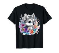 Adorabile Husky circondato da fiori Maglietta
