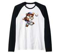 Adorabile Orso Giocatore di Baseball Cartoon Colpire Palla Maglia con Maniche Raglan