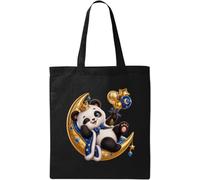 Adorabile panda rilassante sulla mezzaluna dorata in cotone naturale nero