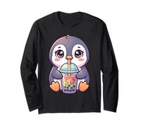 Adorabile Pinguino Che beve Il tè Boba Design Kawaii per Maglia a Manica