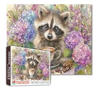 Adorabile puzzle procione per adulti 1000 pezzi tazza di caffè e fiori di ortensia divertente puzzle animali regalo per le donne floreale natura sfida puzzle per rilassamento sollievo dallo stress