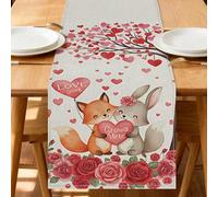 Adorabile runner da tavola con motivo a cuore, grazioso design con volpe e coniglio, per San Valentino, decorazione per la casa, decorazione romantica per tavolo da pranzo, 33 x 183 cm