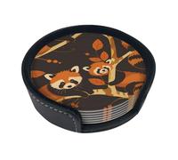 Adorabile sottobicchiere a forma di panda rosso su un ramo. Set di 6 sottobicchieri circolari in pelle da 10 cm con staffe.