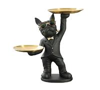BAOJULONG Adorabile statua di bulldog francese con 2 vassoi e occhiali carini in resina nera scultura a forma di cane ornamento statuette animali decorazione per la casa anniversario Ringraziamento