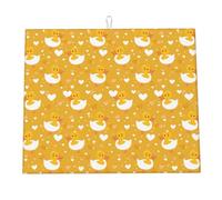 Adorabile tappetino scolapiatti giallo a forma di anatra per il bancone della cucina, con sfondo arancione e cuore, in microfibra, assorbente, ad asciugatura rapida, indispensabile per la cucina, 1