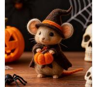 Adorabile topolino di zucca di Halloween con cappello da strega, ornamento per topo in feltro di lana fatto a mano, zucche infeltrite ad ago, decorazione per tavolo, mensola o scrivania, regalo per la