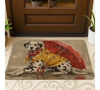 Adorabile zerbino con cane dalmata, impermeabile giallo e ombrello rosso, decorazione per la casa, grazioso tappetino di benvenuto per interni ed esterni, impermeabile, antiscivolo, raschietto