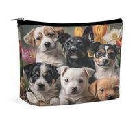 Adorabili cuccioli in un cestino con fiori. Borsa per il trucco, organizer da viaggio per articoli da toilette, pochette cosmetica per donne, regali di compleanno per mamme, ragazze, donne e sorelle.