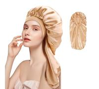 Adorila Cuffia lunga in raso da donna, a doppio strato, in seta, con elastico, con bottone, per trecce e capelli ricci (oro)