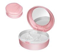 Adorila Custodia portatile per protesi dentaria con specchio, contenitore per denti falsi, supporto per tazze, protezione ortodontica con spazzola (rosa)