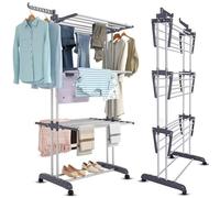 ADOV Stendibiancheria 4 Ripiani Pieghevole, Stendino Grande Regolabile in Acciaio Inox con Ruote e Ali, Supporto per Asciugare i Vestiti per Interno ed Esterno