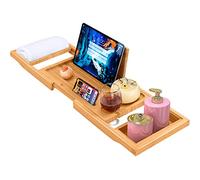 ADOV Vassoio da bagno estensibile in legno di bambù con supporto integrato per libri, telefono, tablet, candele, sapone, asciugamani, bicchieri da vino, regolabile, adatto alla maggior parte delle