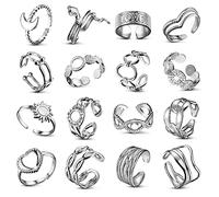 ADRAMATA 16 PCS Anelli Donna in Acciaio Inossidabile - Set Boho Aperto Minimalista Impilabile Regolabile con Fiore, Cuore, Farfalla - Anello Pollice Argento