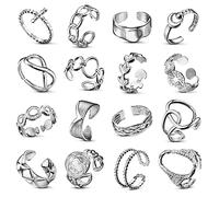 ADRAMATA 16 Pcs Argento Anelli Donna Acciaio Inossidabile Boho Anelli Aperto Minimalista Impilabili Regolabili Anelli Fiore Cuore Farfalla Anello Pollice Anelli Argento Donna Set