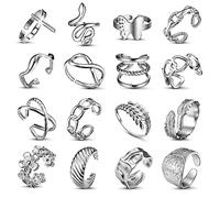 ADRAMATA 16 Pcs Argento Anelli Donna Acciaio Inossidabile Boho Anelli Aperto Minimalista Impilabili Regolabili Anelli Fiore Cuore Farfalla Anello Pollice Anelli Argento Donna Set