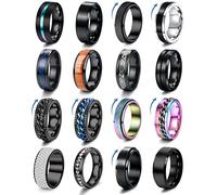 ADRAMATA 16 Pezzi Set Anelli Antistress in Acciaio Inossidabile Fidget Band Spinner per Uomo Donna, Nero, Promessa di Nozze 6/8MM 7-12