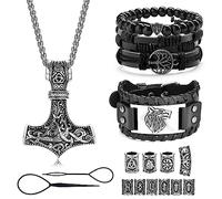ADRAMATA Collana Vichinga Bracciale in Pelle con Martello di Thor, Perline per Barba e Capelli, Braccialetti Gioielli Vichinghi per Uomo