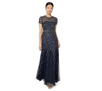 Adrianna Papell Short-Sleeve Grid Beaded Gown Vestito, Blu Mare, 54 Donna