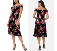 Adrianna Papell Taglie 8 Nero Multi Floreale Velluto Off Spalla Cocktail Midi Da