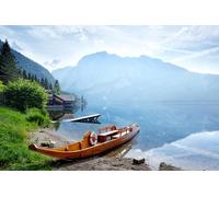 adrium Immagine acrilica 110 x 70 cm: bellissimo lago nelle Alpi austriache con barca in legno al mattino (43692267)