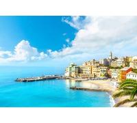 adrium Immagine in legno 110 x 70 cm: vista su Bogliasco. Bogliasco è un antico villaggio di pescatori in Italia, Genova, Liguria. Mediterraneo, spiaggia sabbiosa e architettura del (135755816)