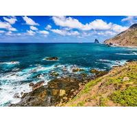 adrium Quadro composito Alu-80 x 50 cm: costa o costa dell'Oceano Atlantico con montagna verde o roccia e cielo blu con nuvole e orizzonte a Tenerife (40675979)
