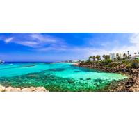 adrium Quadro composito di alluminio 90 x 40 cm: Bella spiaggia dell'isola di Cipro, vista dal mare, palme e rocce, Protaras, baia di fico (101399590)