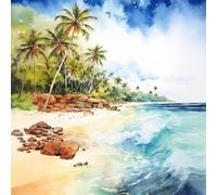 adrium Quadro composito in alluminio 30 x 30 cm: spiaggia palme rocce riva illustrazione Sri paesaggio sogni poesia avventuriero sabbia bianca costa principessa, IA generativa (210167782)