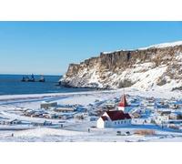 adrium Quadro composito in alluminio 50 x 30 cm: Immagine aerea pittoresca della chiesa Vik I Myrdal sulla cima della collina in Islanda in inverno. Bella vista panoramica su