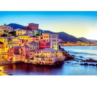 adrium Quadro in alluminio composito 90 x 60 cm: case colorate nel villaggio di pescatori di Boccadasse sulla costa mediterranea nella città di Genova, Liguria, Italia, all'alba (148674077)