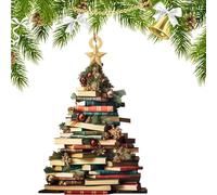 Adsfvs Ornamento per libri, ornamento per albero di libri di Natale - Ciondolo natalizio in acrilico 2D per libreria,Ciondolo con ciondolo per auto con albero di Natale, ornamento impilato di libri