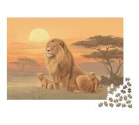 Adult Leone And Cubs Sitting on The Grassland at Tramonto Puzzle 1000Pcs Decorazione Per La Casa. Rilassamento E Intelligence Per Adulti E Bambini Da 14 Anni 1000pcs (75x50cm)