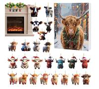 Advent Countdown Calendar 2D Acrylic Highland Cow Ornaments | Christmas Calendar Advent Highland Cow 24 Days | Cattle Charm For Christmas Tree Party Window Wall Car Rearview Mirror Door Decor Kids