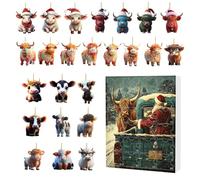 Advent Countdown Calendar 2D Acrylic Highland Cow Ornaments | Christmas Calendar Advent Highland Cow 24 Days | Cattle Charm For Christmas Tree Party Window Wall Car Rearview Mirror Door Decor Kids
