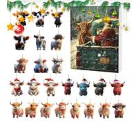 Advent Countdown Calendar Highland Cow 24 Days | Advent Countdown Calendar 2D Acrylic Cute Highland Cow Ornaments,Animal Charm