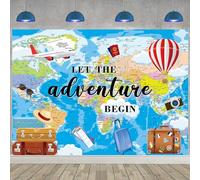 Adventure Awaits - Fondale fotografico a tema viaggio con scritta "Let the Adventure Begin", 20,3 x 18,8 cm, motivo: mappa del mondo, laurea, viaggio, festa di compleanno, baby shower, decorazioni per