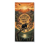 Adventure Awaits Here, striscione decorativo per porta d'ingresso, paesaggio rustico con orso montano, decorazione per interni ed esterni, autunno e natura, da appendere, 91 x 183 cm