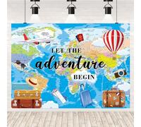 Adventure Awaits - Sfondo fotografico a tema viaggio con scritta "Let The Adventure Begin", 208,3 x 150 cm, motivo: mappa del mondo, laurea, viaggio, festa di compleanno, baby shower, striscione