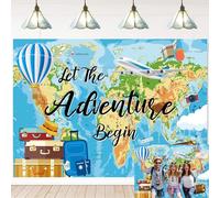 Adventure Awaits - Sfondo fotografico con scritta in inglese "Let The Adventure Begin", per lauree, viaggi, tema Bon Voyage, baby shower, decorazioni per feste (2,1 x 1,5 m)