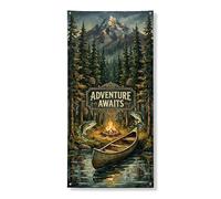 Adventure Awaits - Striscione decorativo per porta, stile rustico, foresta, canoa, decorazione per interni ed esterni, campeggio, escursionismo, festival, forniture per vacanze, 91 x 182 cm