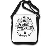 Adventure Is Calling Adventure And I Must Go Mountain Sunrise - Borsa a tracolla con grafica minimalista, colore: Bianco