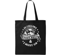Adventure is Calling Adventure and I Must Go Mountain Sunrise - Borsa tote in cotone naturale ecologico con grafica minimalista, colore nero, Nero , Taglia unica